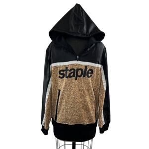 STAPLE Pigeon Brand Pullover 1/4 Zip Hoodie Black Cork Print Front Pocket Size S